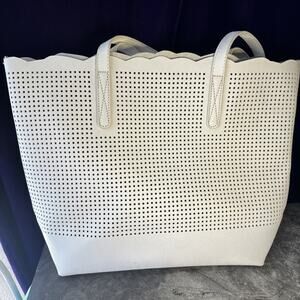 Neiman Marcus Tote Bag Perforated Faux Leather Scalloped Edge White
